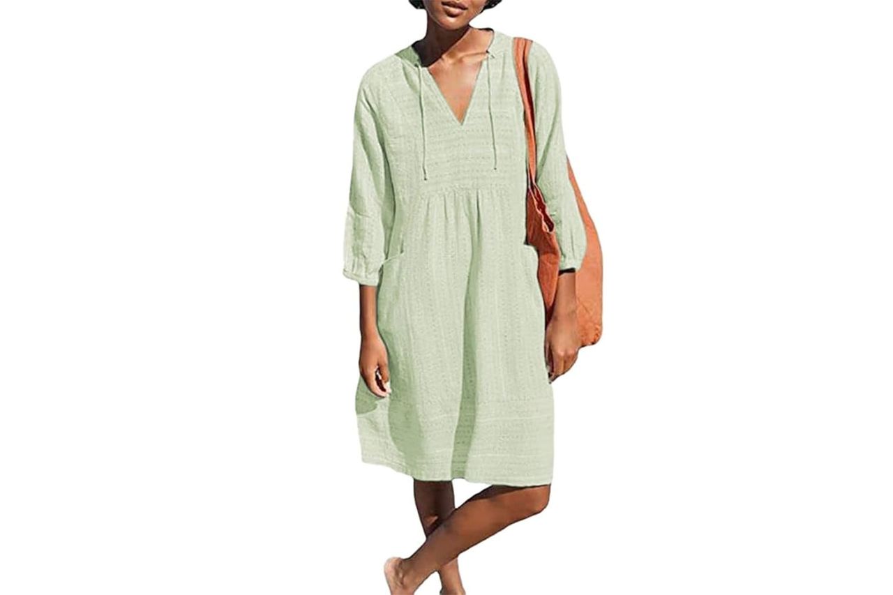 Lafural Womens V Neck Cotton Casual Loose Shift Tunic Smock Summer Dresses