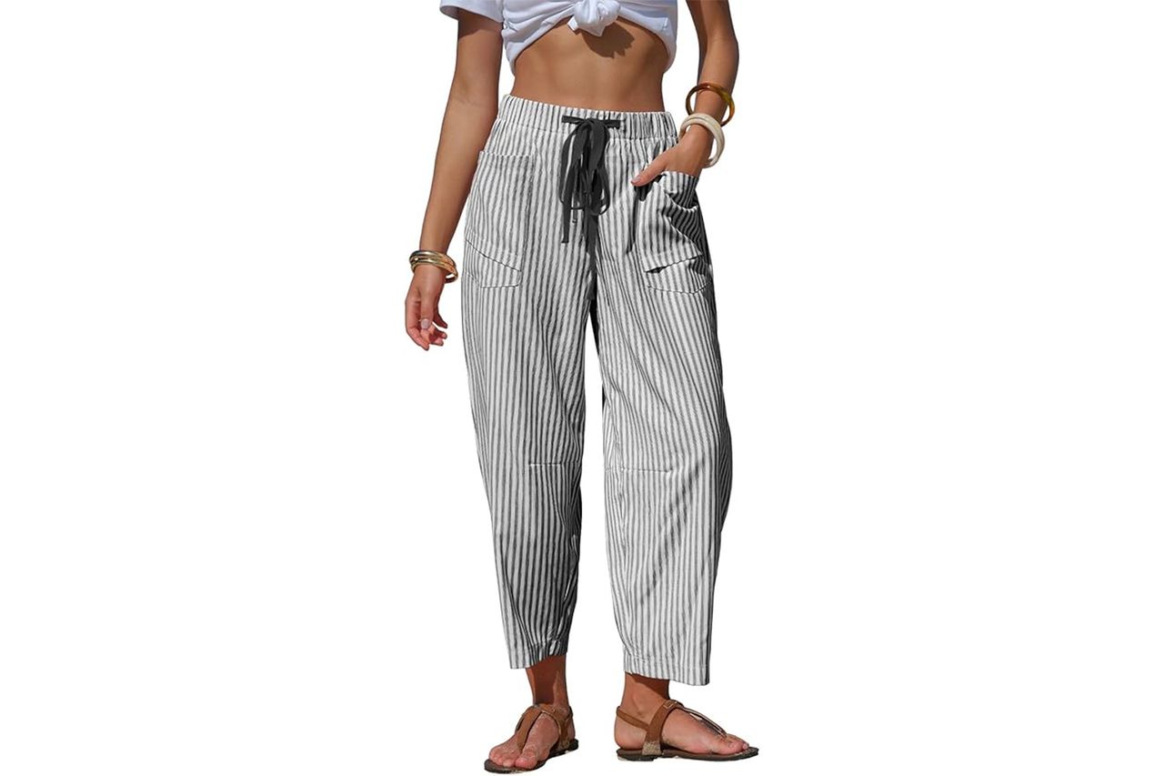 Byinns Womens Faux Linen Striped Barrel Pants