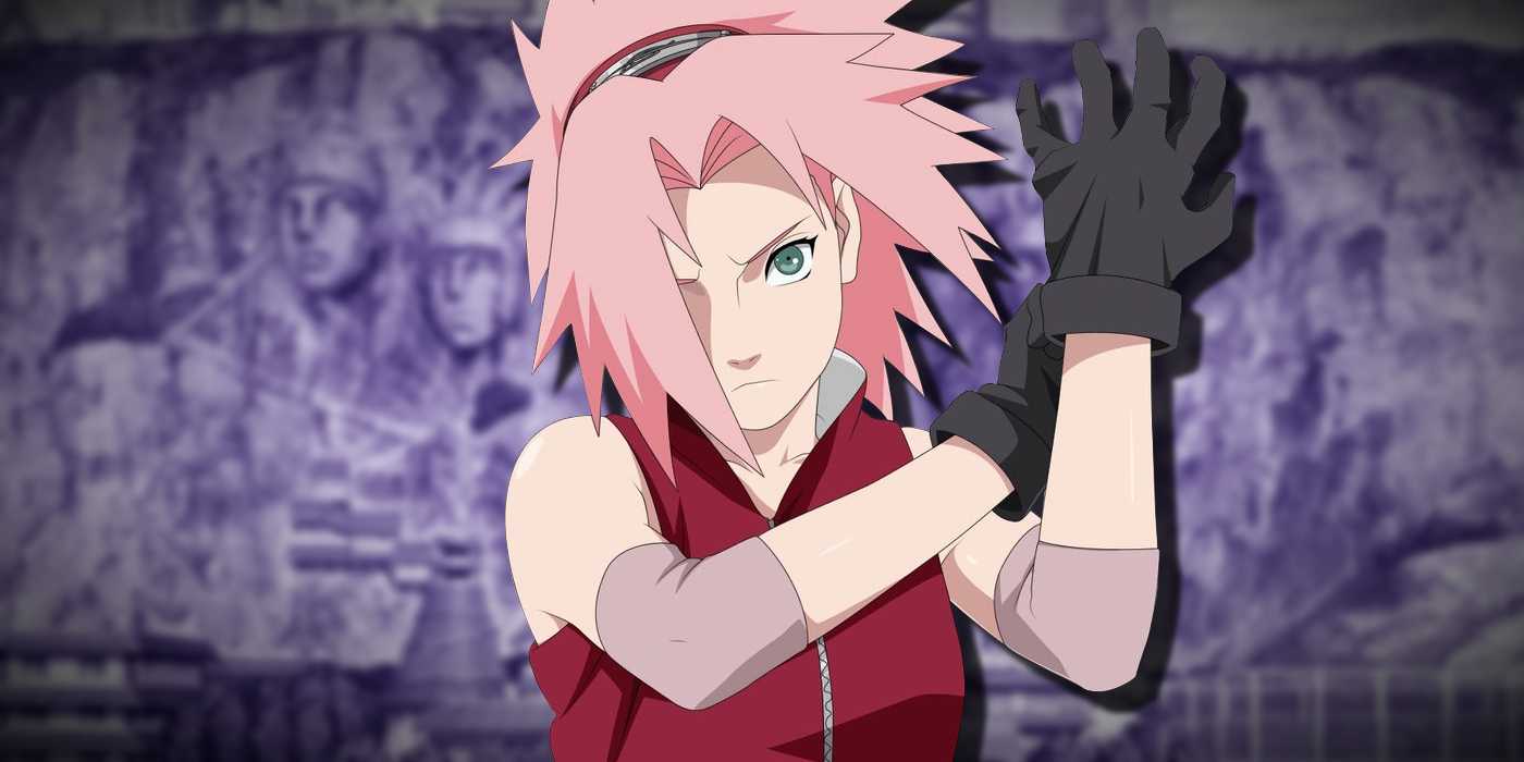 Sakura Haruno putting on her glove with a serious expression, with an out of focus blue-tinted Hokage Rock in the background, in Naruto.