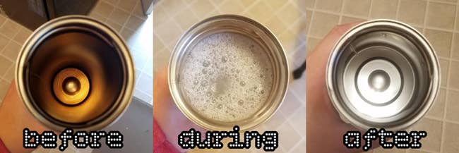 Comparison of a stainless steel tumbler in process of being cleaned: dirty, filled with soapy water, and cleaned, viewed from above