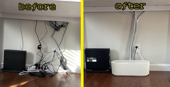 Before-and-after of cable organization: left, tangled cables under a desk; right, neatly managed cables with a cover