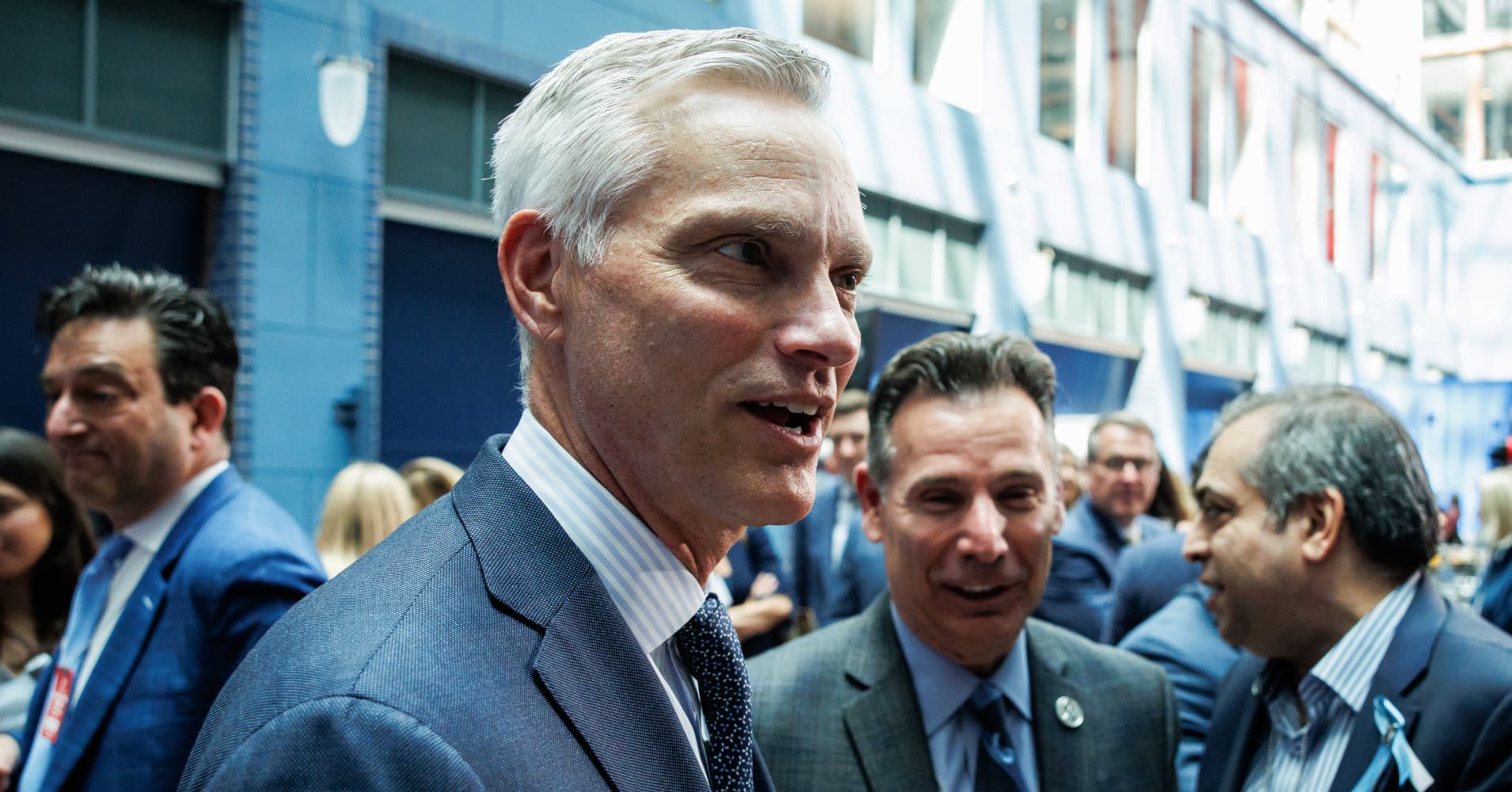 Robert Isom, chief executive officer of American Airlines Group Inc., center, following a news conference at the US Department of Transportation in Washington, DC, US, on Thursday, May 8, 2025.