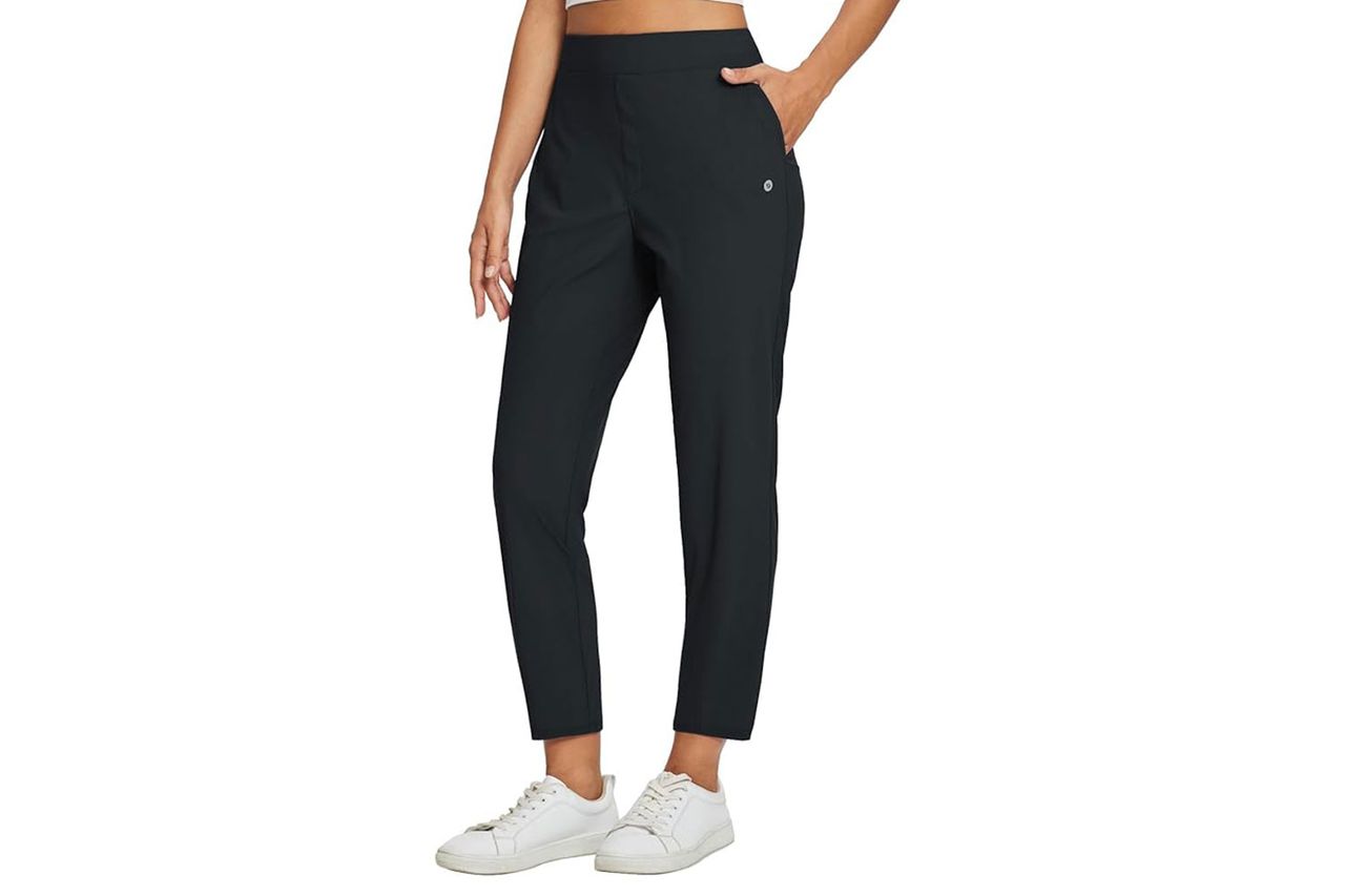 Person wearing lightweight stretch pants with sneakers