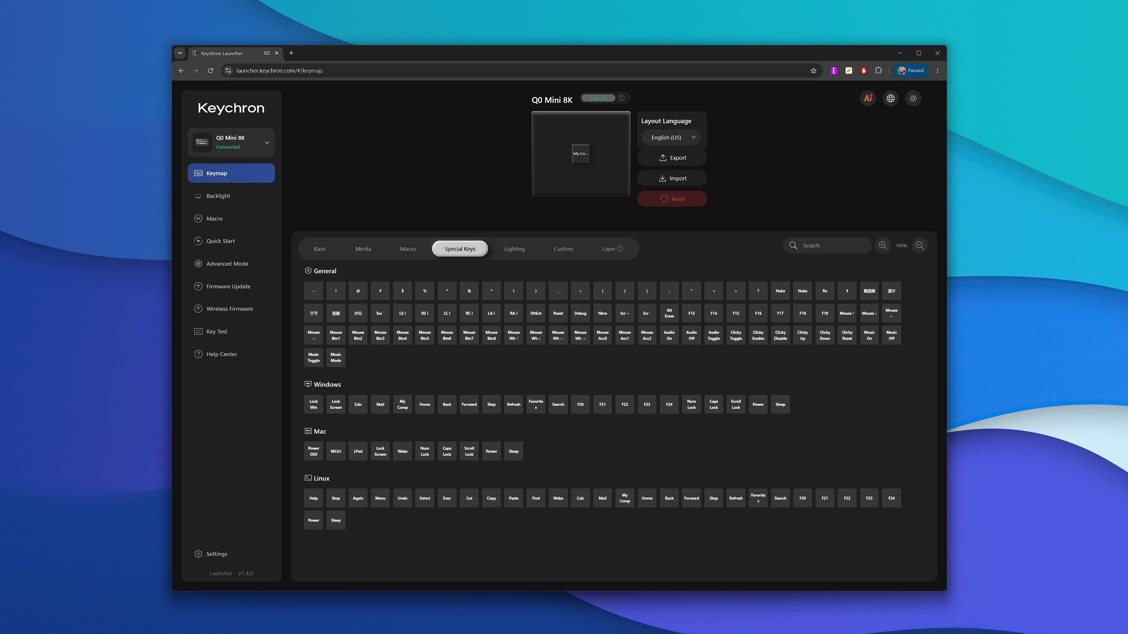 A screenshot showing how you can customize the Keychron Q0 Mini 8K Action Key using the Keychron Launcher