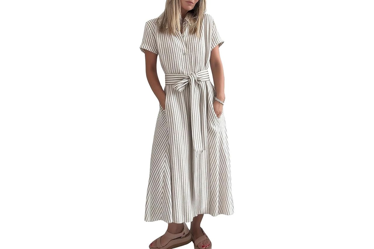 chouyatou Women's Summer Short Sleeve Striped Maxi Long Shirt Dress