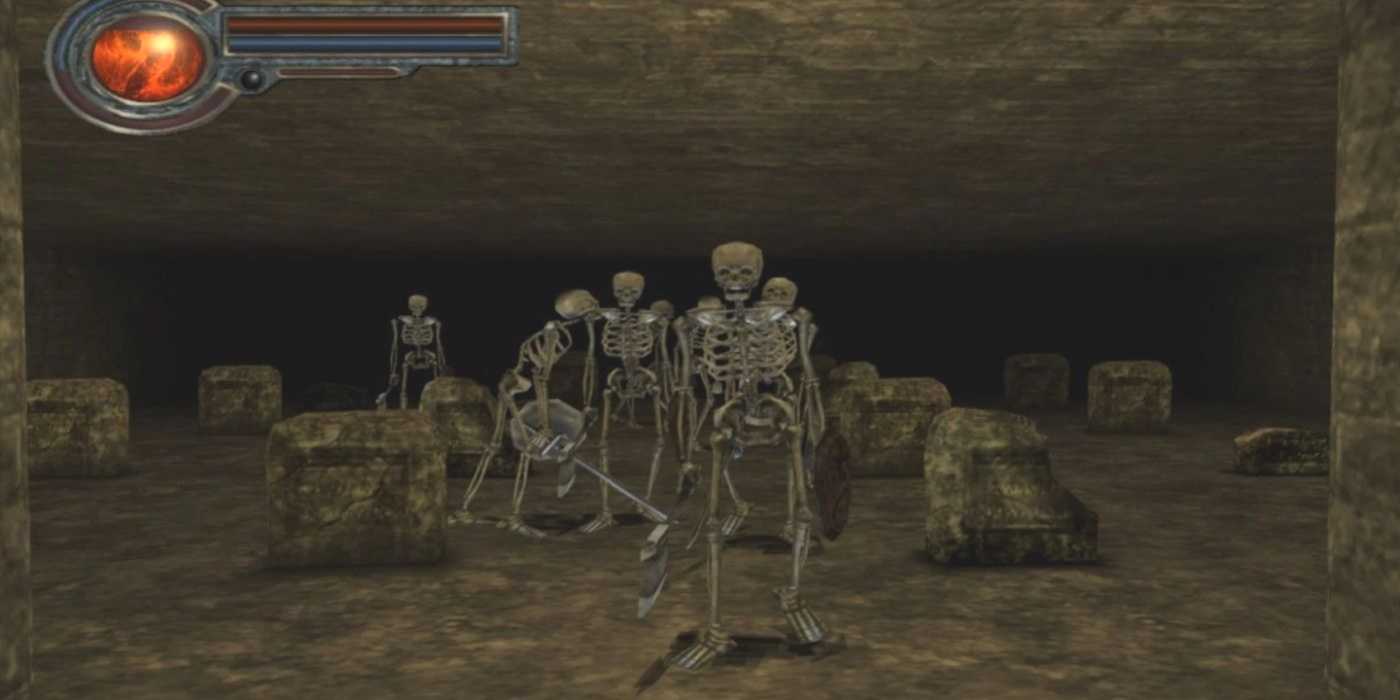 King's Field gameplay featuring Skeletons approaching the player.