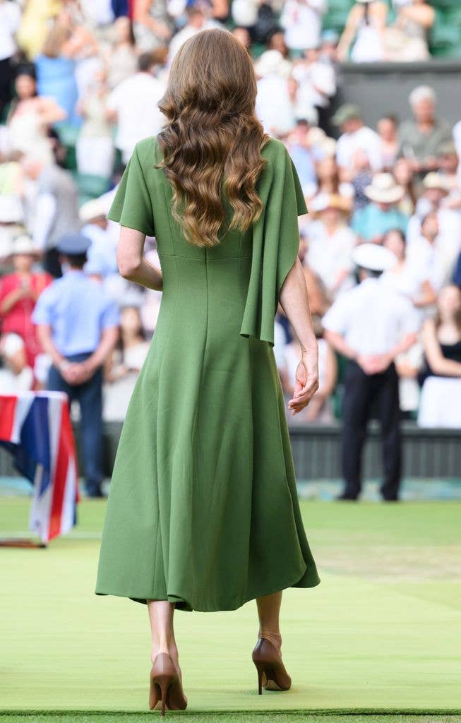 Catherine, Princess of Wales, dress detail, during the trophy presentation as she attends day fourteen of the 2026 Wimbledon Tennis Championships at All England Lawn Tennis and Croquet Club on July 12, 2026 in London, England. (Photo by Karwai Tang/WireImage)