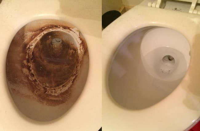 left: brown caked dirty toilet right: clean toilet with no brown left