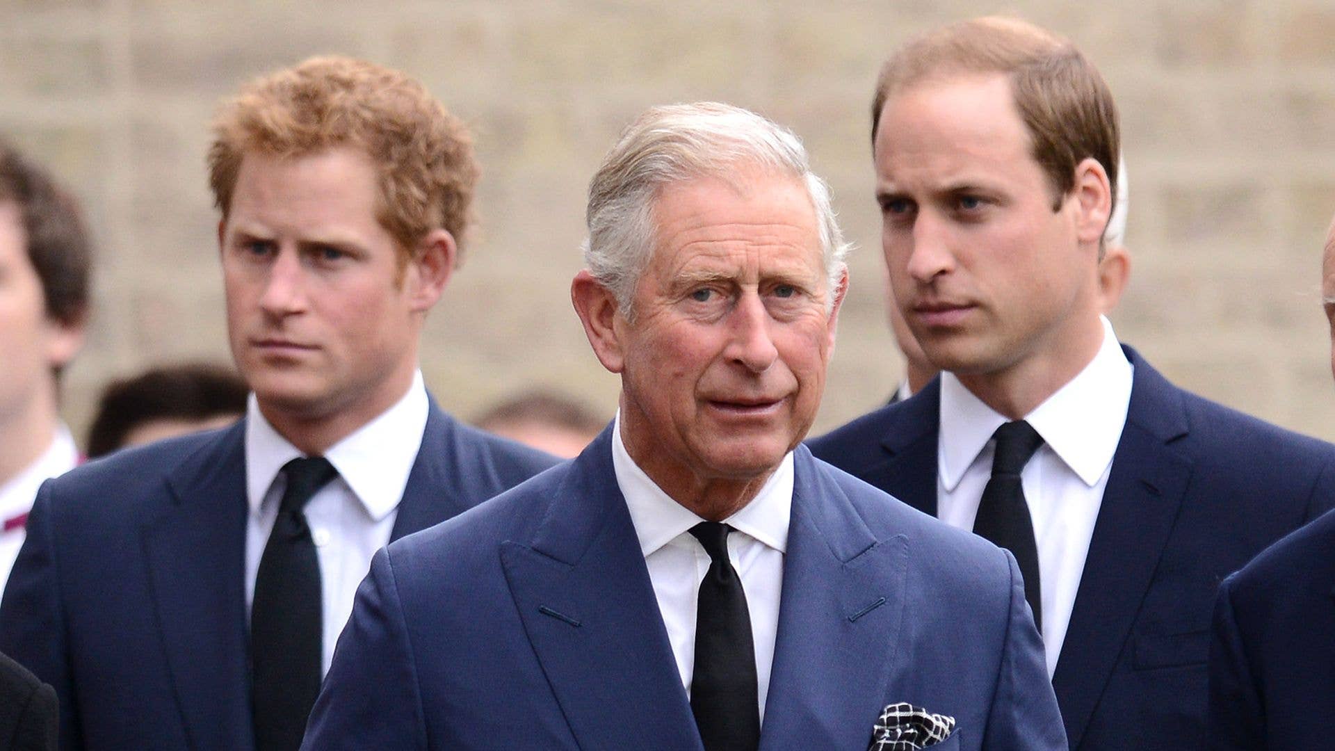 Prince Harry, Prince Charles, Prince of Wales and Prince William, Duke of Cambridge attend a Requiem Mass for Hugh van Cutsem who passed away on September 2nd 2013 at Brentwood Cathedral on September 11, 2013
