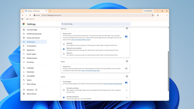 Performance settings on Chrome with memory saver turned on and energy saver disabled