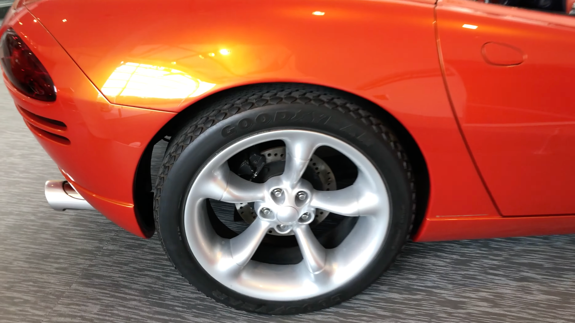 The rear wheels of a Dodge concept car
