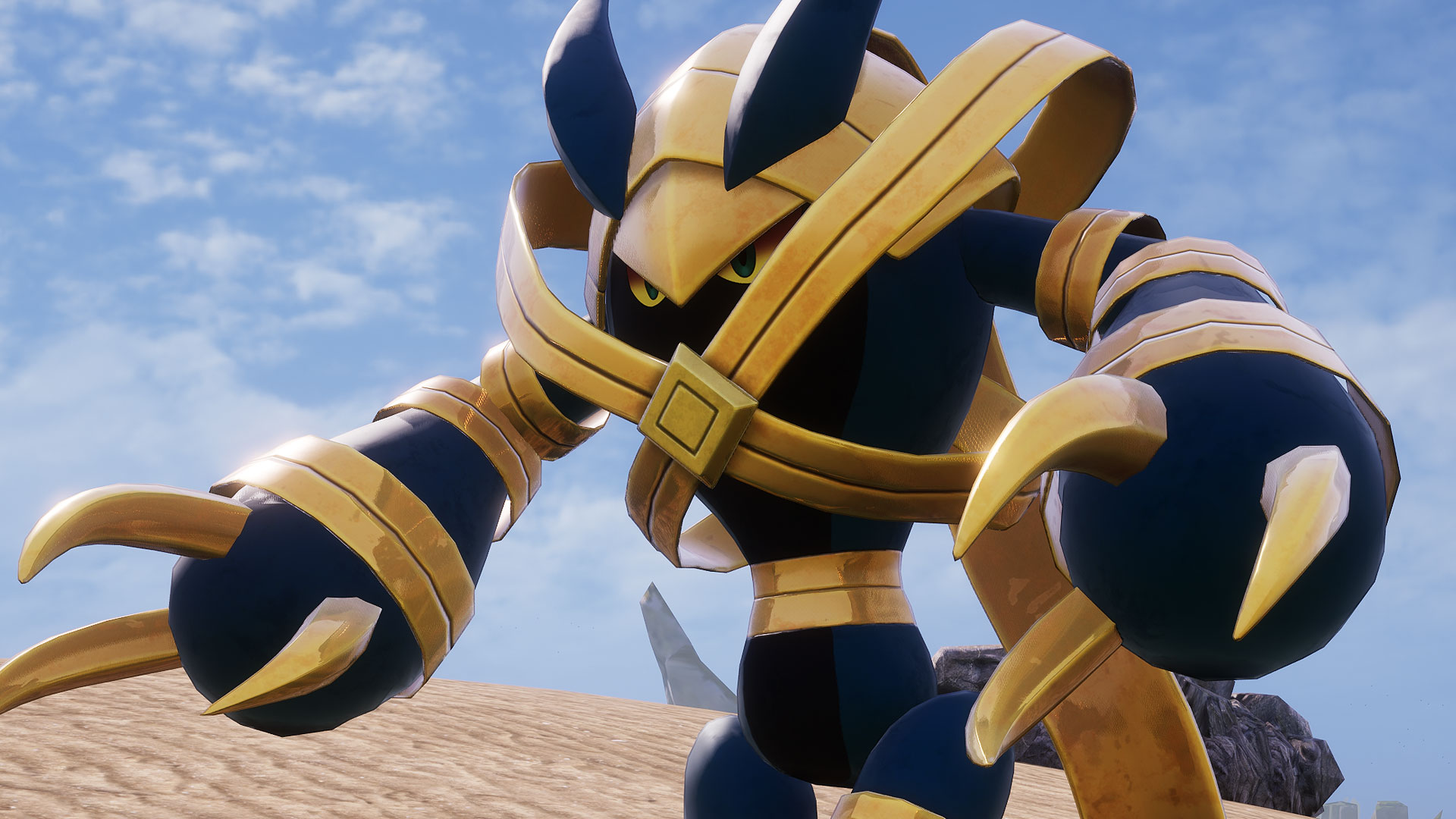 Palworld - Gildra, a bipedal black pal with gold claws and armor