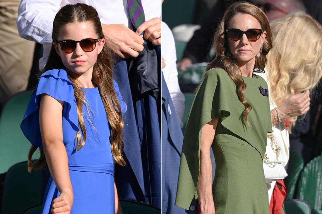 Two images of a young girl in a blue dress and a woman in a green dress at an event.
