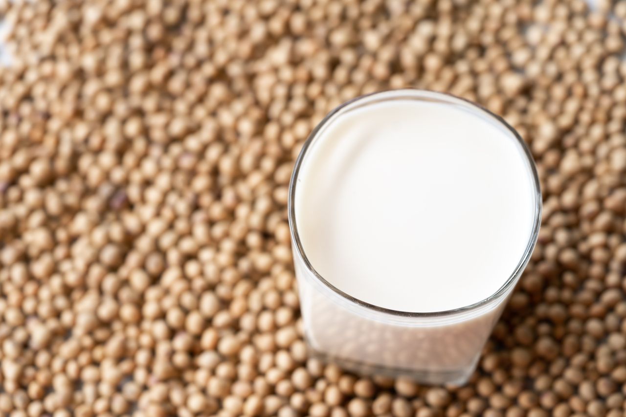 Glass of soy milk placed on a bed of soybeans