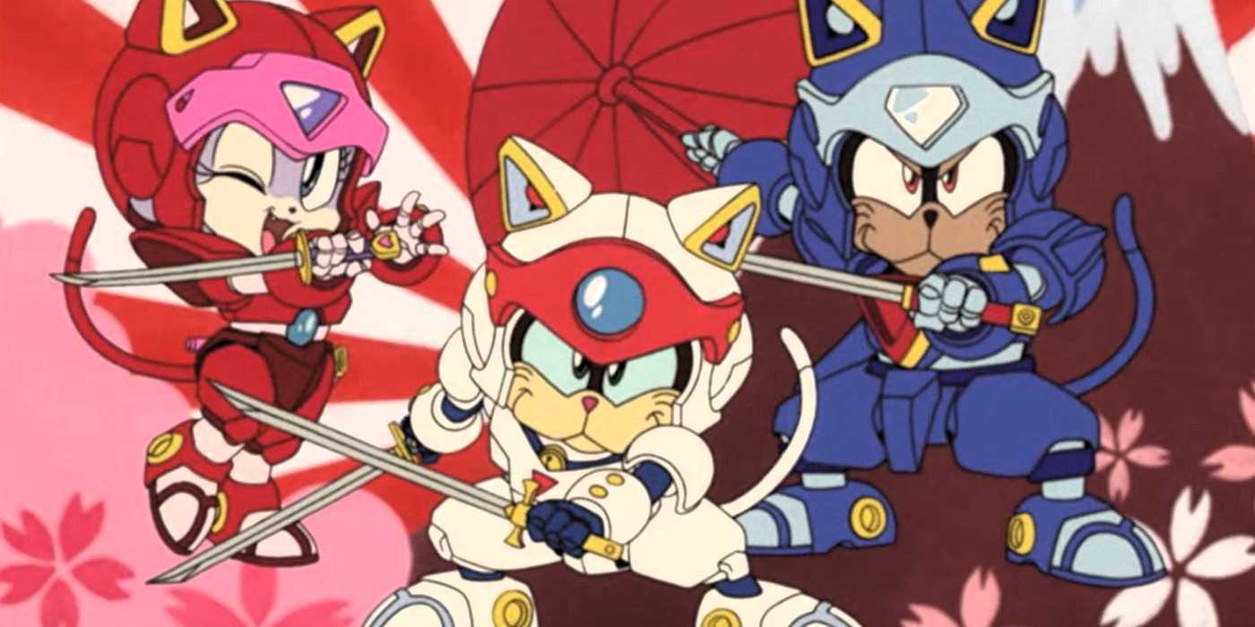 Speedy Cerviche, Polly Esther, and Guido Anchovy pose for battle in Samurai Pizza Cats.