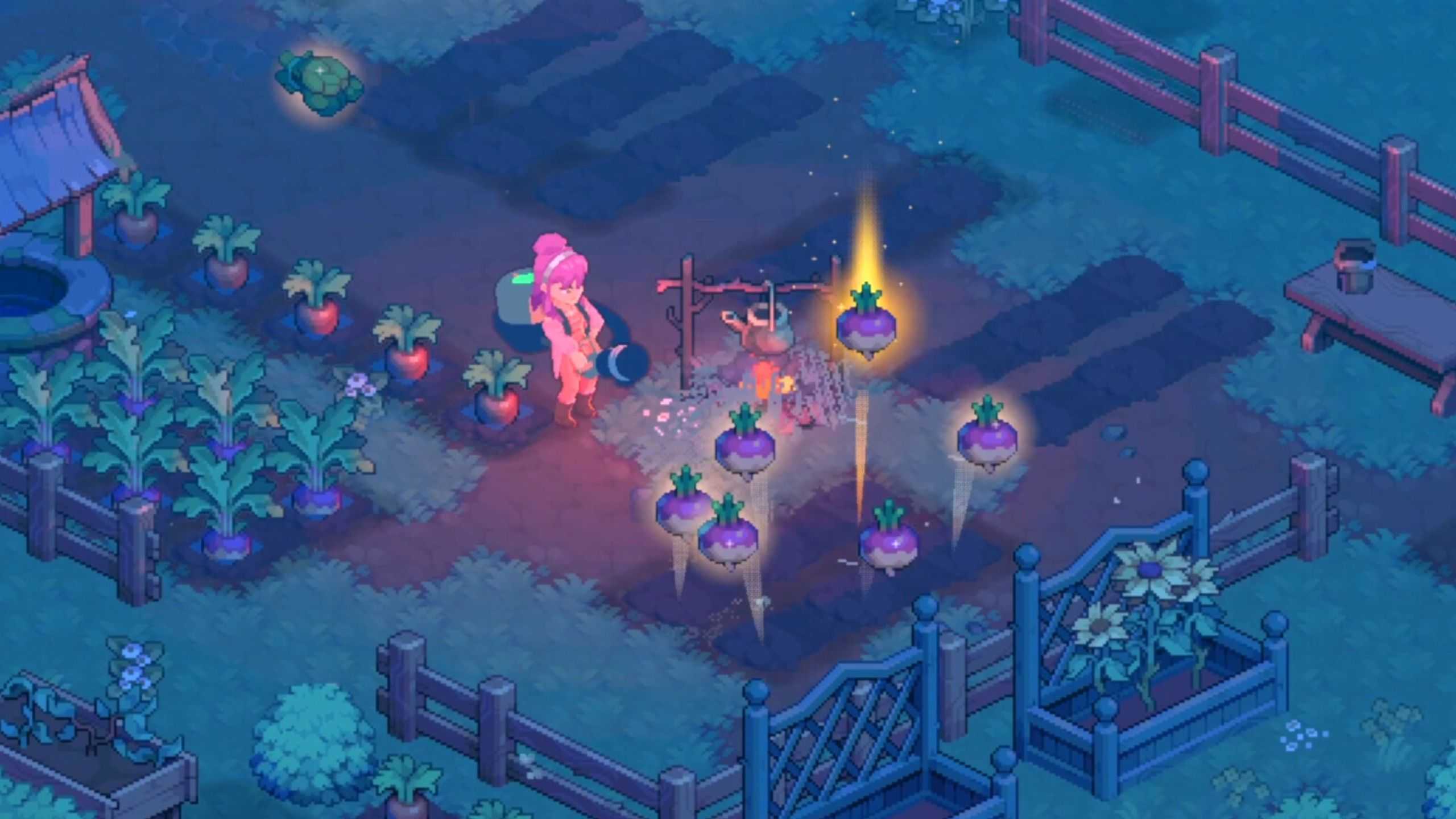 Screenshot of the game Moonfrost with character harvesting vegetables