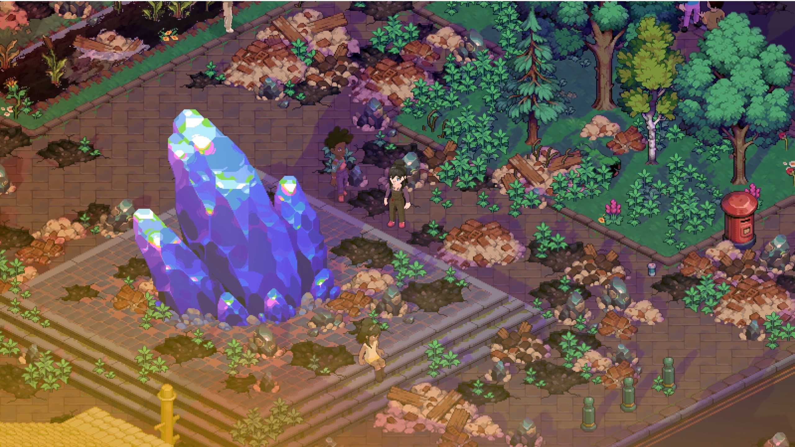 Screenshot of the game Moonfrost with characters in front of a giant blue gemstone