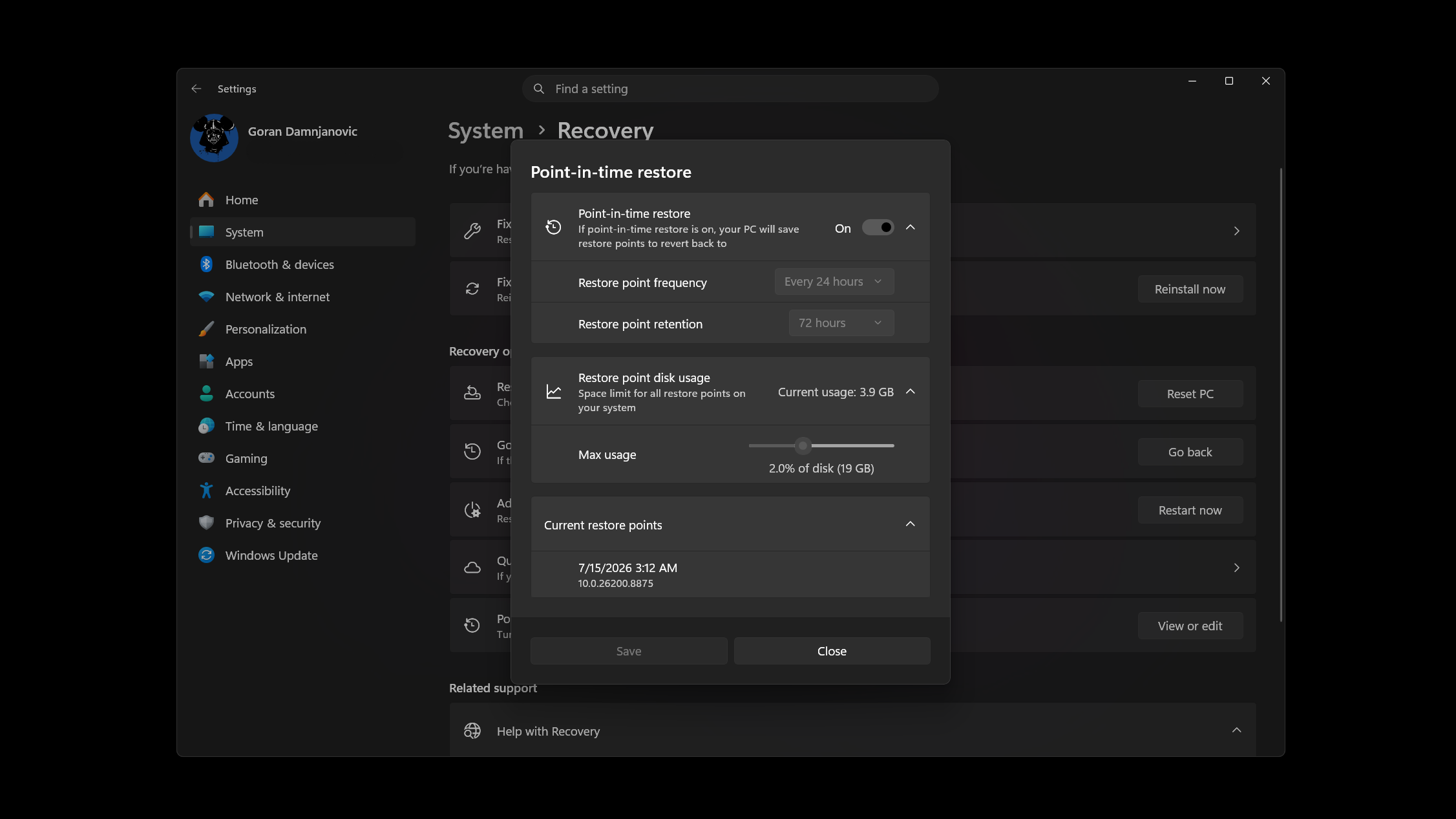 The point-in-time restore options menu.
