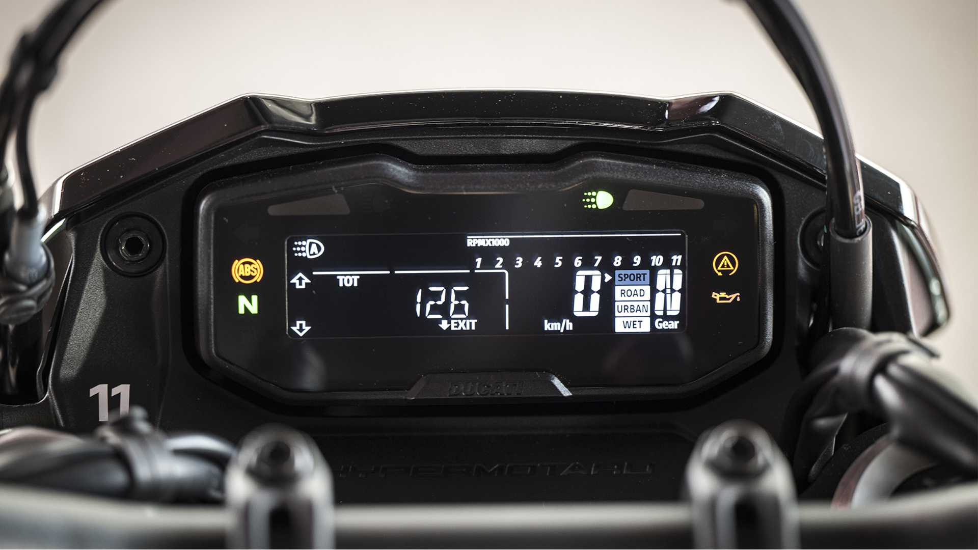 Ducati Hypermotard 698 close-up of the LCD dash