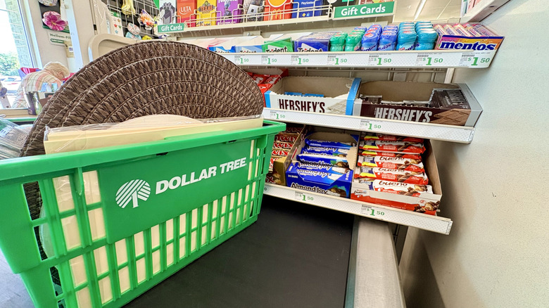 Candy on display in a Dollar Tree with green basket