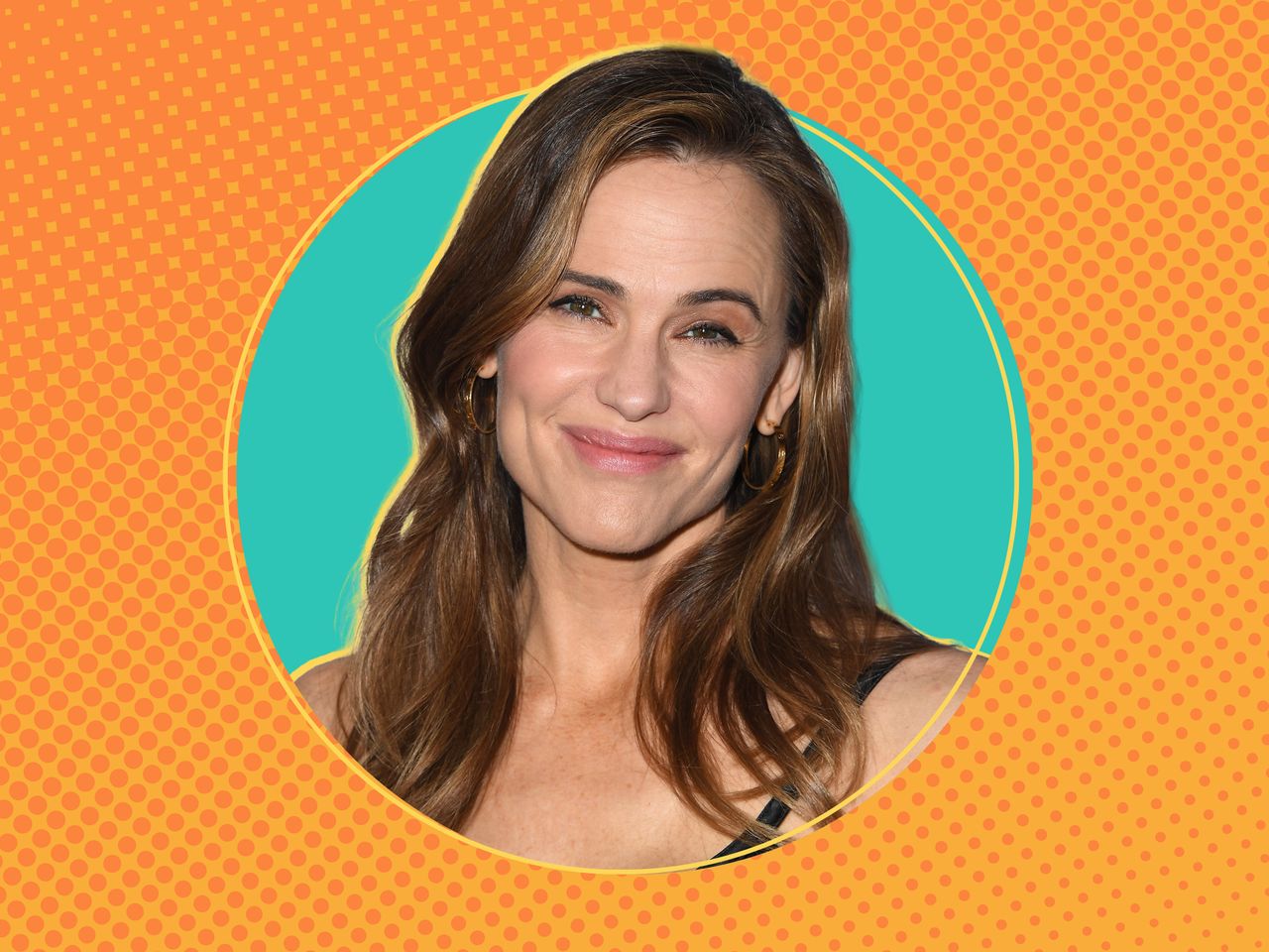 Jennifer Garner in a teal circle on an orange halftone background