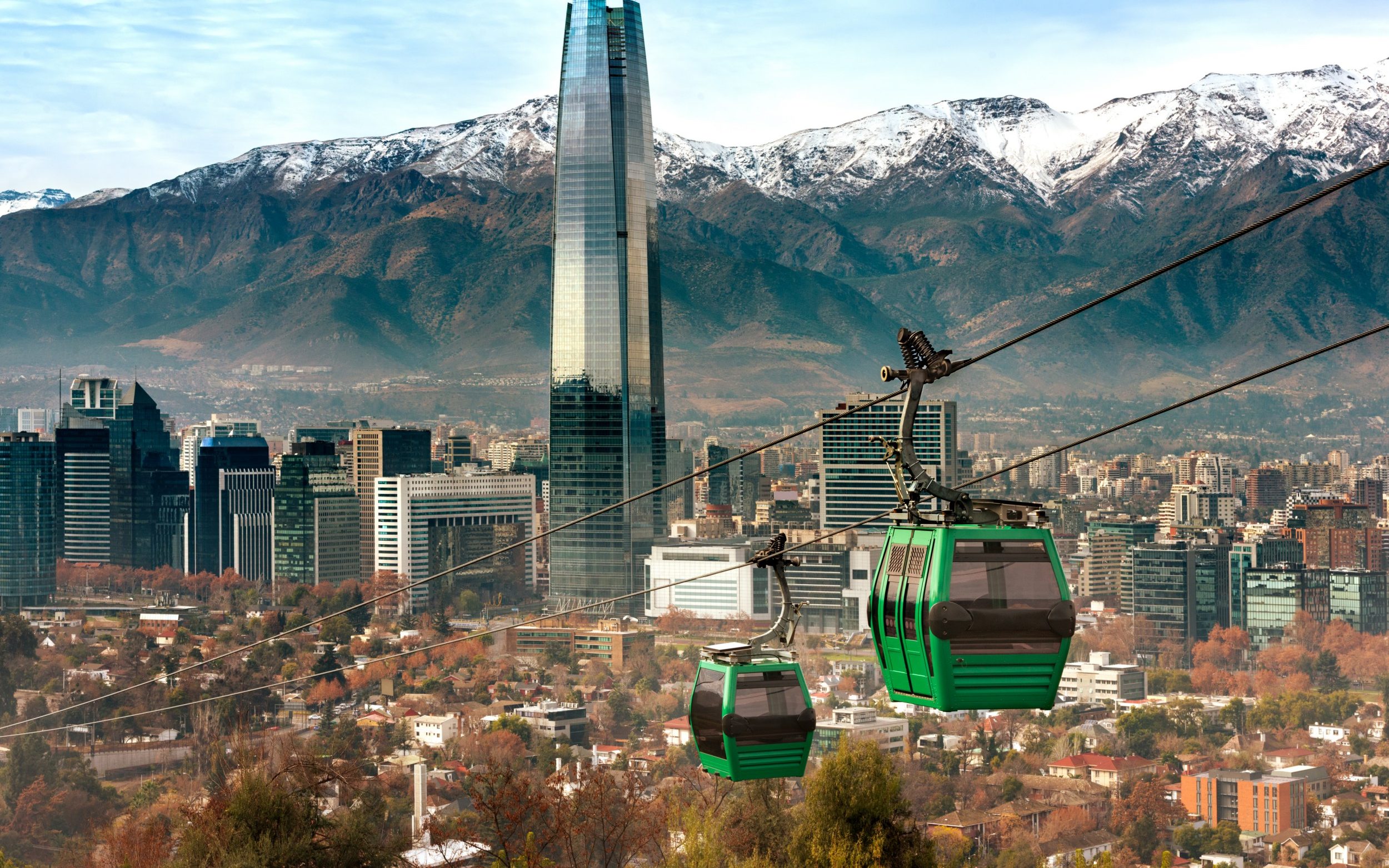 Cable car in San Cristobal hill, overlooking a panoramic view of Santiago de Chile