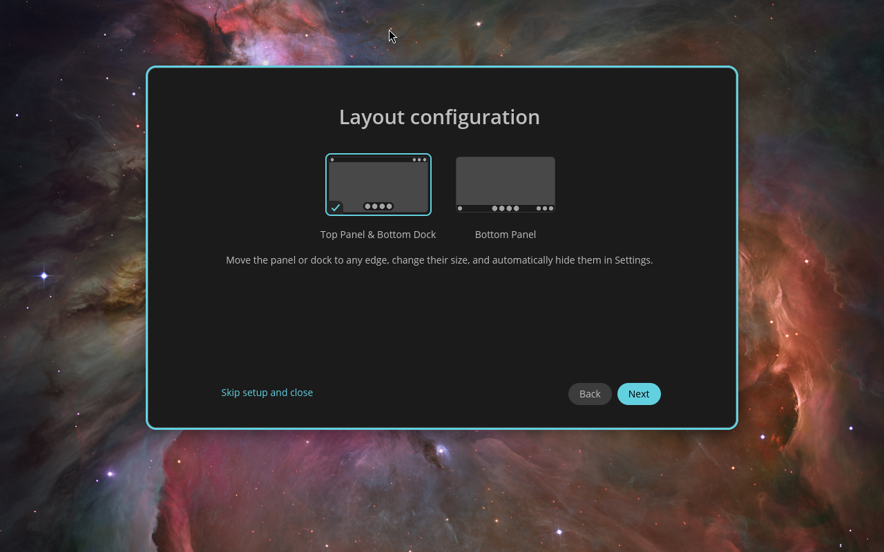 Pop!_OS layout configuration on first run of the COSMIC desktop.