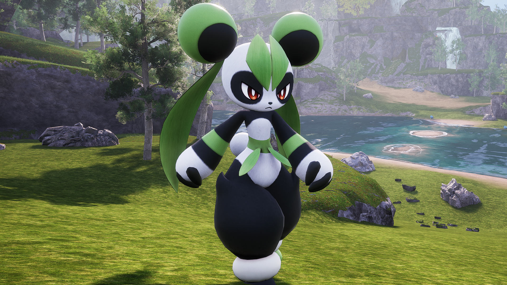 Palworld - Leadan, an upright black and white pal with green hair buns