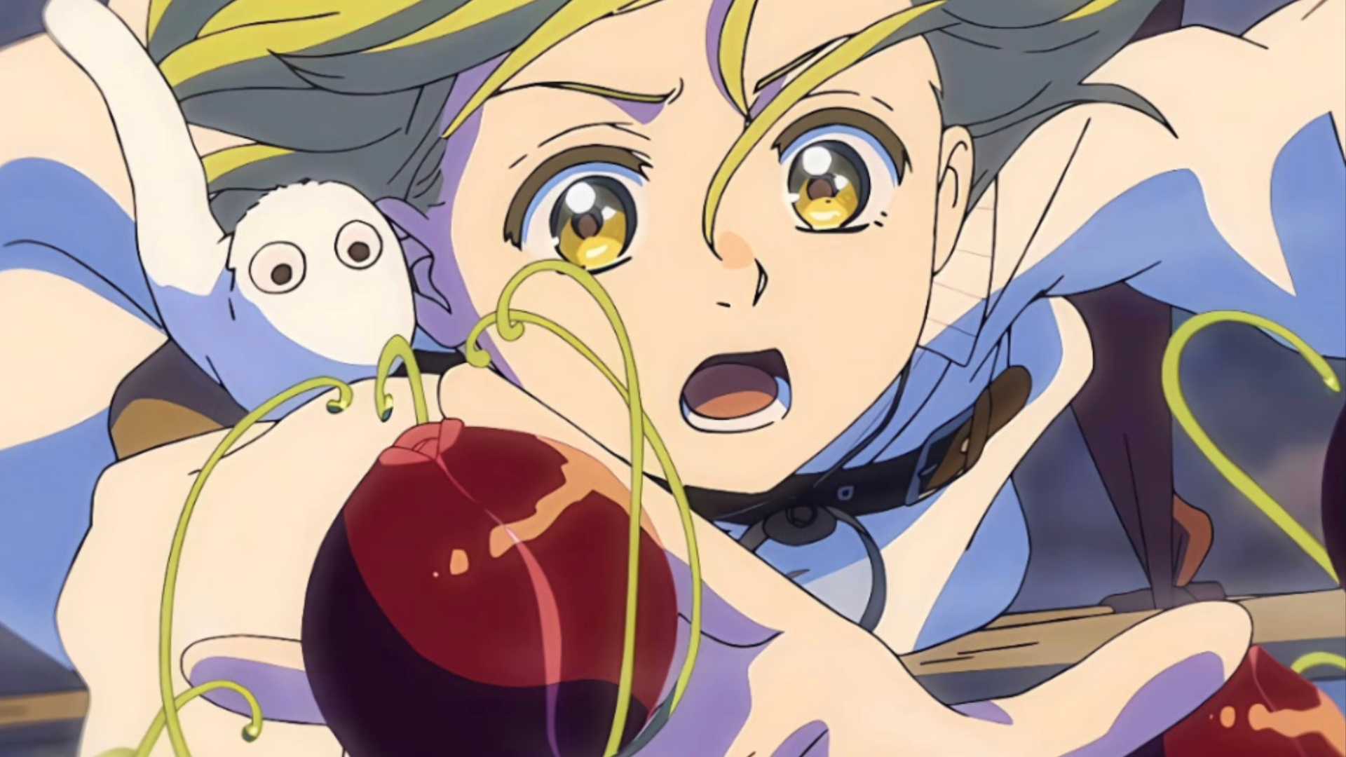 Coco and her Brushbuddy reach for a fruit in Witch Hat Atelier.