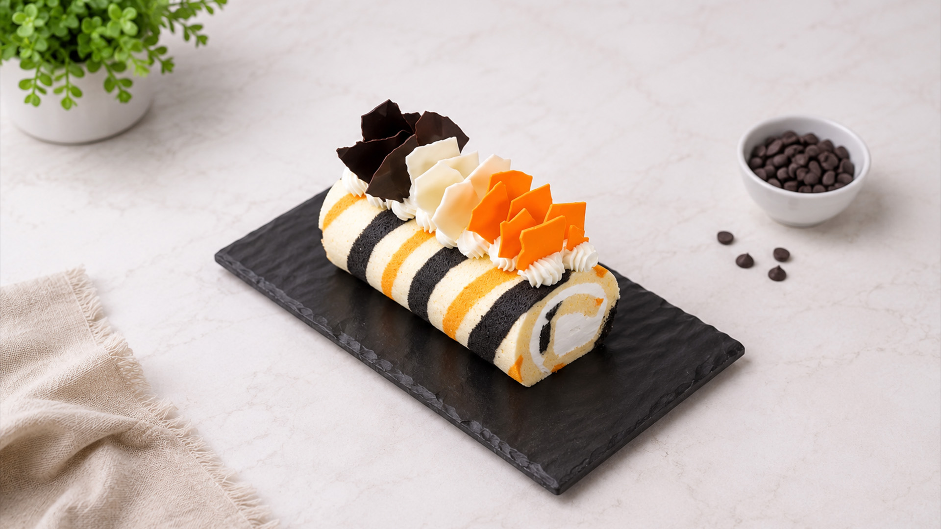 Elegant striped Swiss roll with chocolate decorations