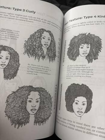 Book pages showing illustrations and descriptions of different curly and kinky hair textures, highlighting their characteristics