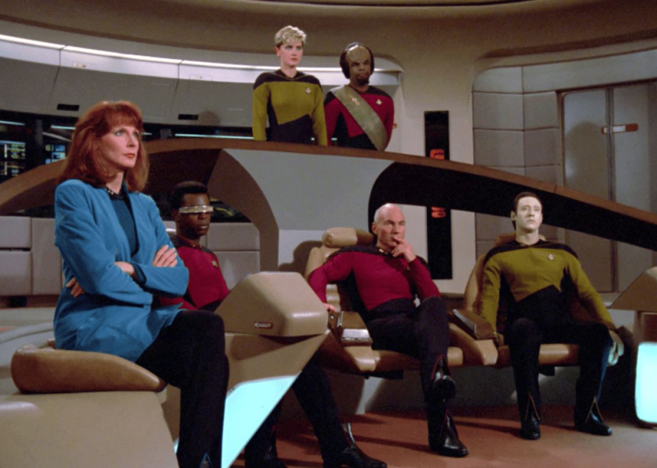 Patrick Stewart and other cast members on the set of