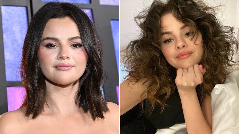 Selena Gomez posing at an event with straight hair on the left and with curly hair posing in bed for a selfie on the right.