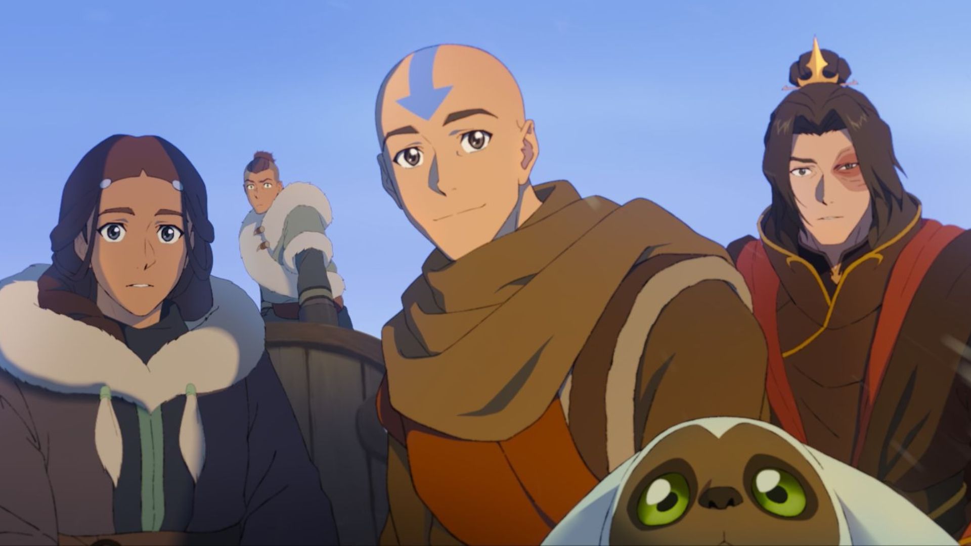 Aang, Katara, Sokka and Zuko look at something offscreen