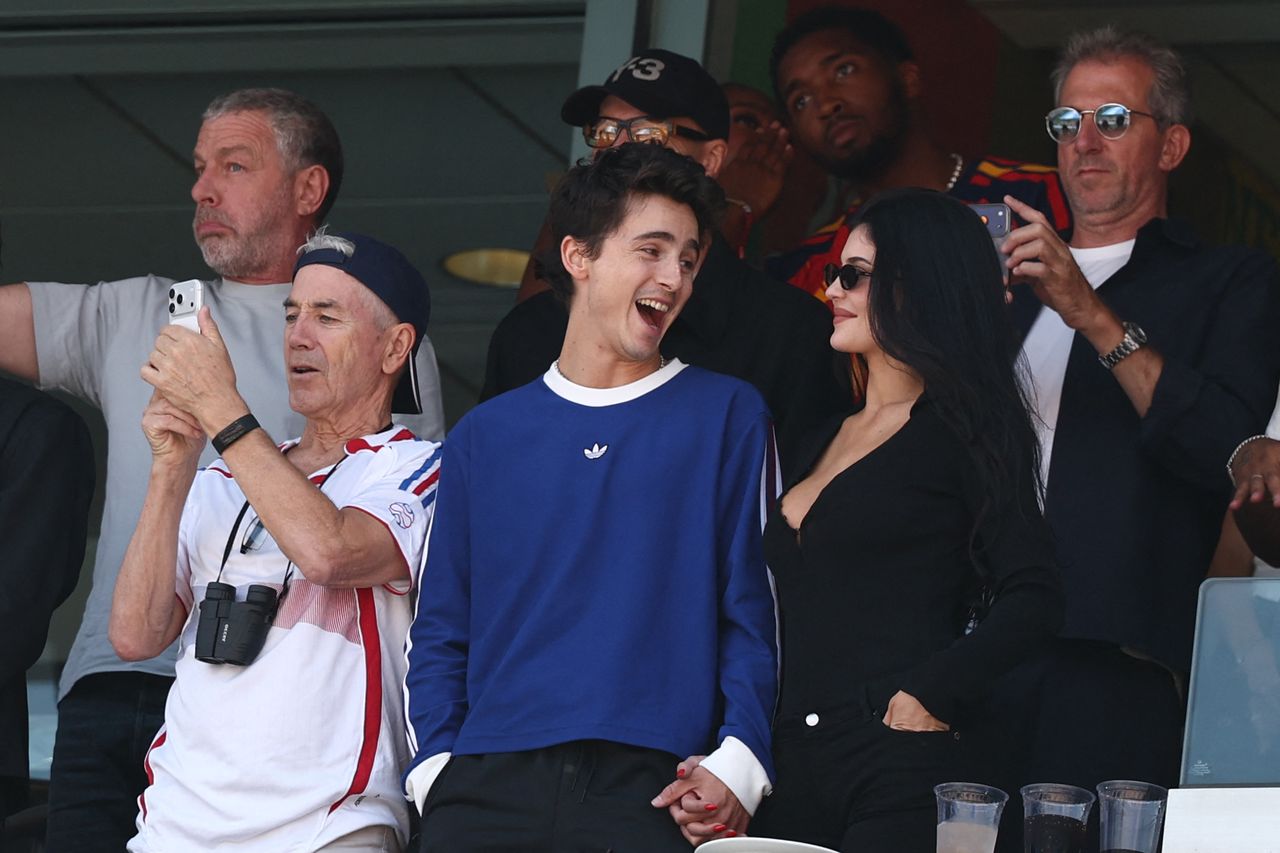 Timothee Chalamet and Kylie Jenner attend the 2026 World Cup football tournament final match between Spain and Argentina in East Rutherford on July 19, 2026.
