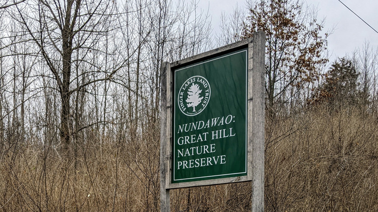 A sign for Nundawao: The Great Hill Nature Preserve