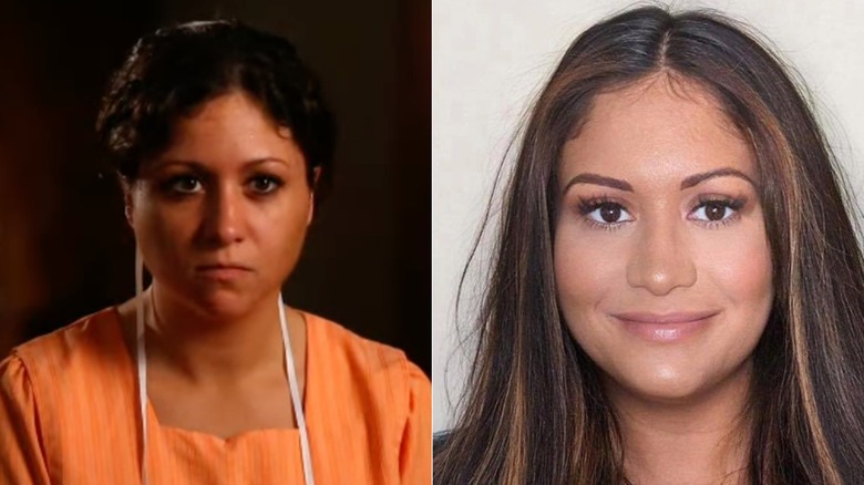 Sabrina Burkholder (L) wearing an orange dress. Sabrina Burkholder (R) smiles with honey-blond highlights