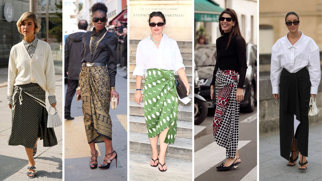 five street style shots of women wearing sarong skirts