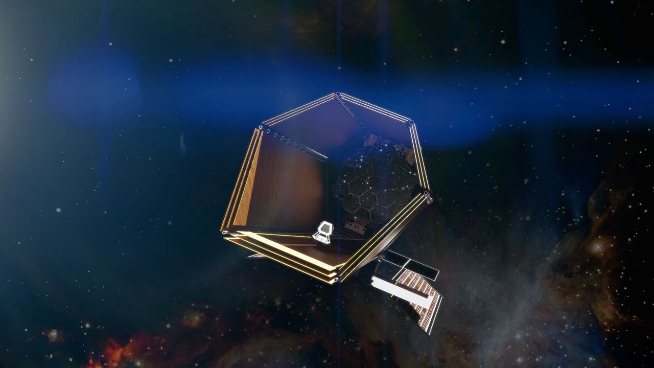 An illustration of a structure in space that looks like a heptagon.