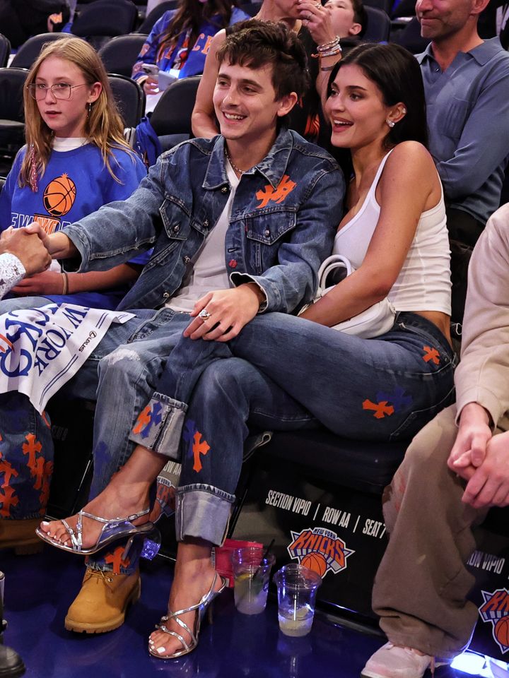 Timothee Chalamet and Kylie Jenner attend the game between the San Antonio Spurs and the New York Knicks during Game Four of the 2026 NBA Finals on June 10, 2026 at Madison Square Garden in New York, New York.