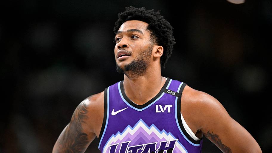 Jan 17, 2026; Dallas, Texas, USA; Utah Jazz forward Brice Sensabaugh (28) looks on during the second half against the Dallas