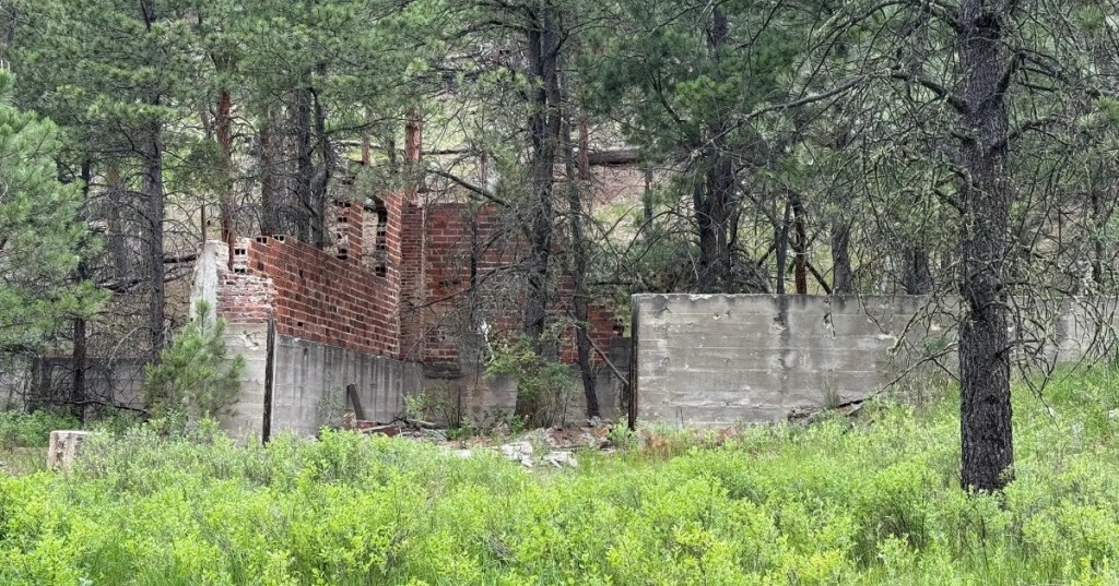 Abandoned Empire Mine structure surrounded by forest in South Dakota's Black Hills.