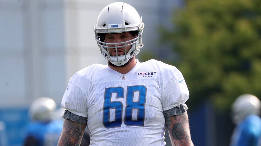 Lions left tackle Taylor Decker watches drills during practice during training camp on Friday, July 26, 2019, in Allen Park.
