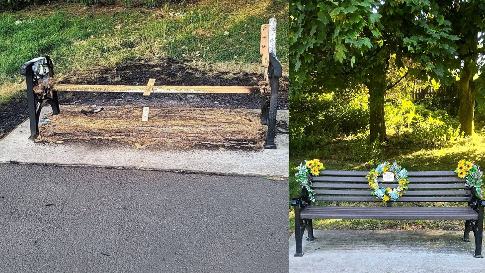 The bench after the fire and before, with a wreath made by Leanne
