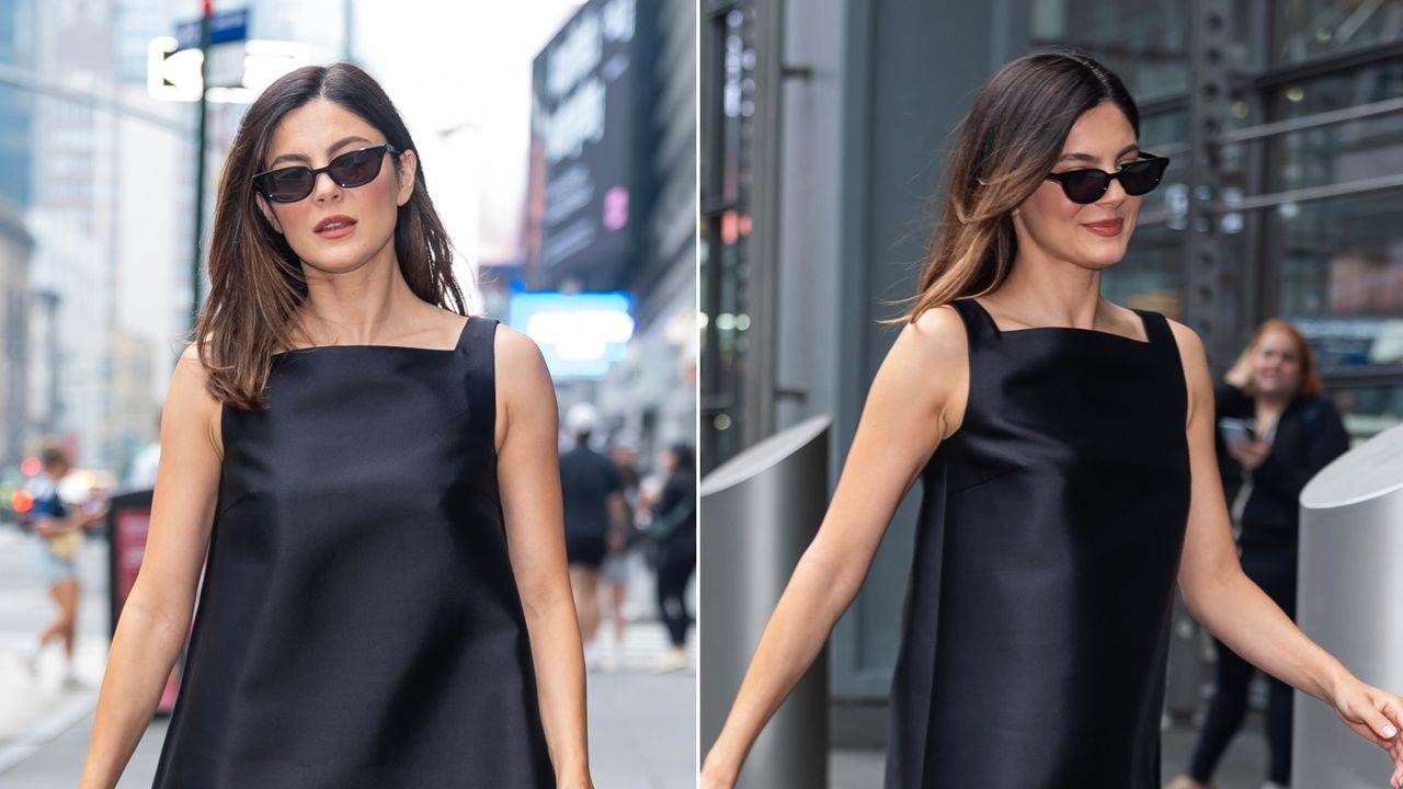 Monica Barbaro wears a retro-inspired little black dress from Lein with peep-toe mules in New York City