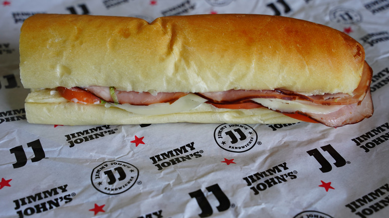 Jimmy John's Sub sandwich on a paper wrap sheet