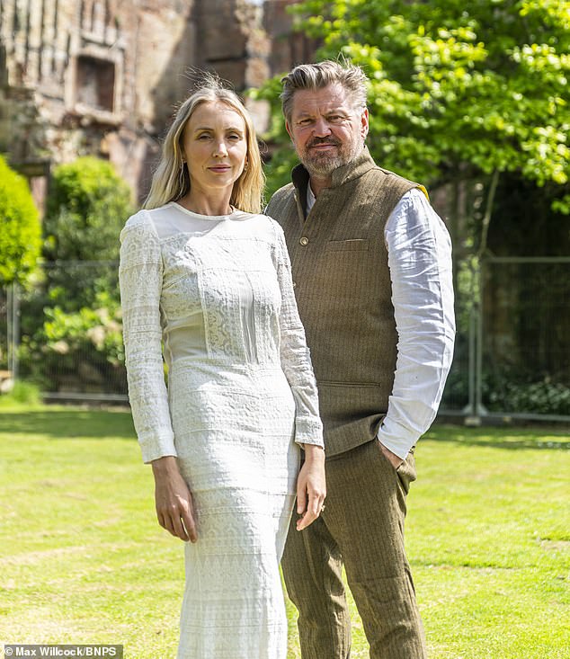 Former rave promoter James Perkins (pictured with his wife Sophie), 57, who set up nineties party organiser Fantazia, bought Parnham Park for £2.5million in 2020, with the aim of turning it into a hotel and events venue