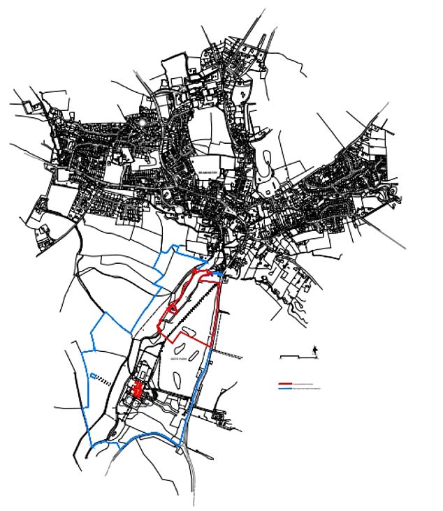 The application is still under consideration by Dorset Council, after the consultation period closed in February. Mr Perkins is said to be expecting a result by September. Pictured: The proposed building site, outlined in red, with the boundaries of the estate in blue, and the town of Beaminster to the north