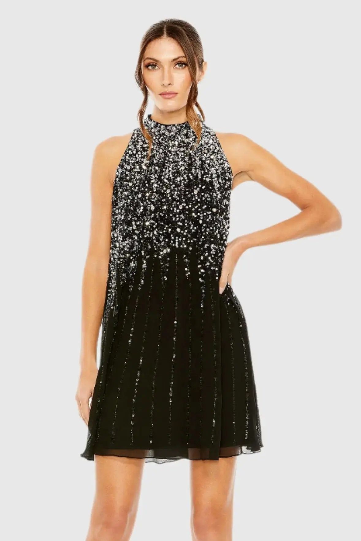 Black High Neck Sleeveless Sequin Embellished Trapeze Dress