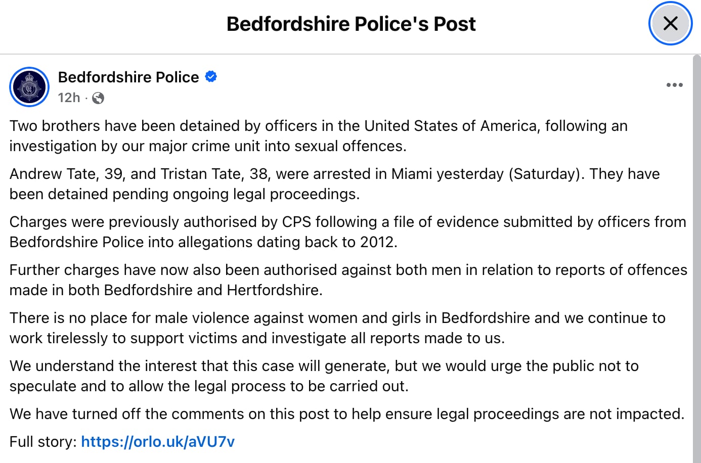 The British police agency released a statement on Saturday after the brothers were detained. Previously, Bedfordshire Police came under fire for the years it took to bring charges against the brothers. / Screenshot/ / Meta